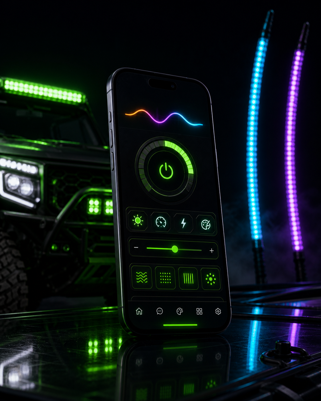 Android phone with COMANDO-style lighting controls and neon off-road lighting atmosphere