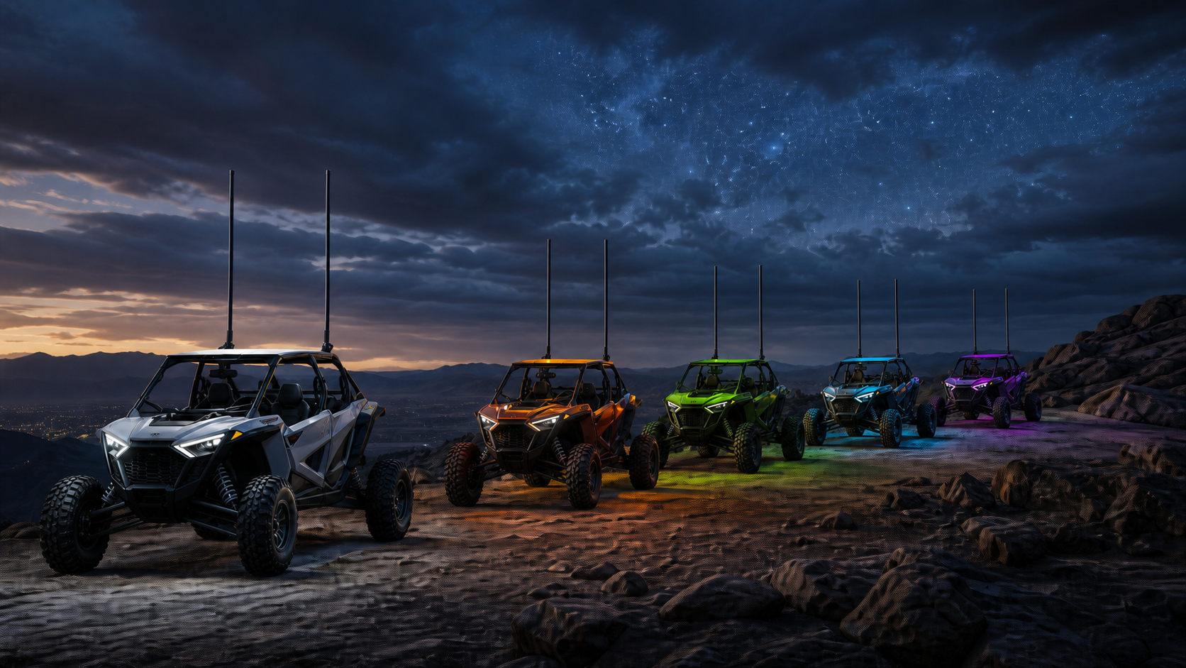 Five stationary off-road vehicles with black unlit whips demonstrating a synchronized convoy lighting wave
